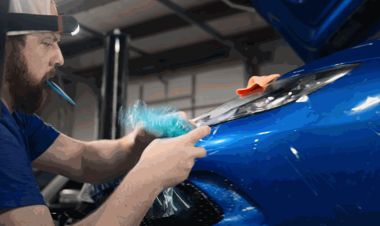 A technician carefully applies clear paint protection film to the front bumper of a blue vehicle using a squeegee and steam to aid adhesion.