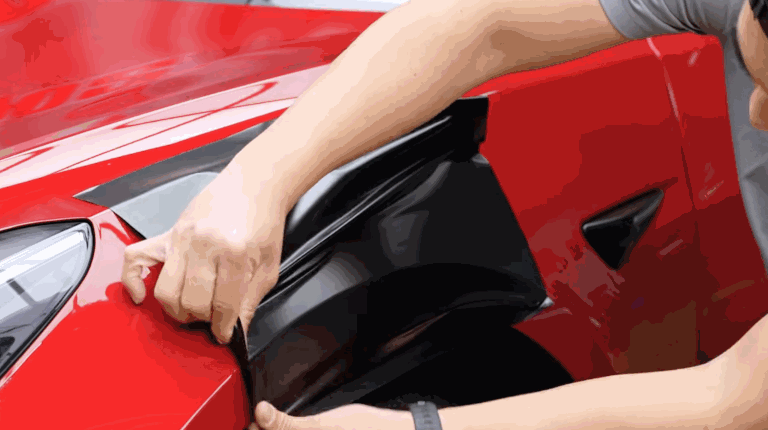 Installer pulling and positioning a black vinyl wrap over the front fender of a red sports car with precision.