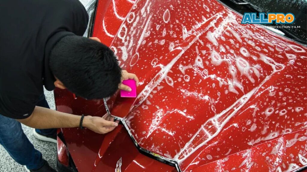 An installer using a pink squeegee to press paint protection film onto the hood of a red sports car, with soapy water covering the surface.