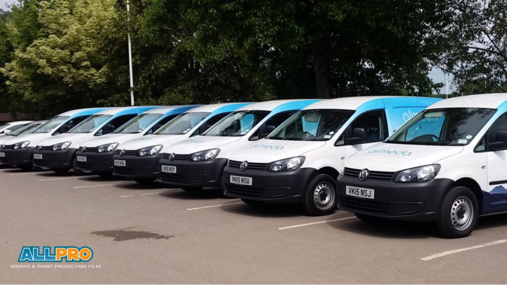 A row of white commercial vans with blue branded graphics parked in a lot, all featuring matching designs on the hoods and sides.