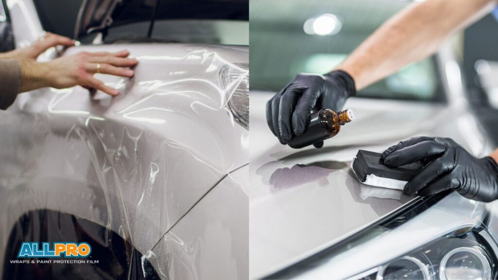 Split image showing Paint Protection Film being applied to a vehicle panel on the left and a ceramic coating product being applied with a foam applicator on the right.