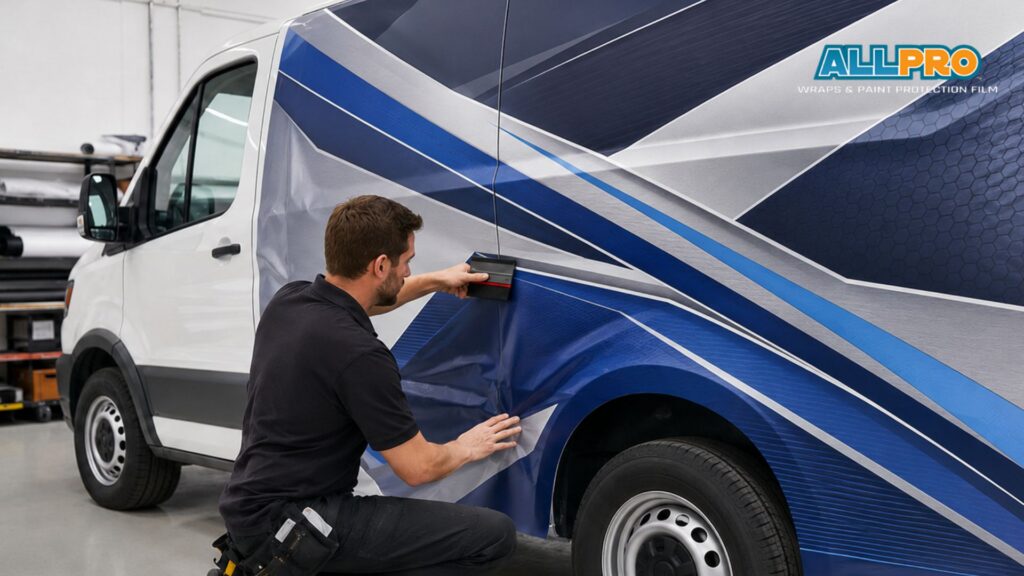 A technician smooths blue and silver commercial fleet graphics onto the side of a white van. The text “ALLPRO WRAPS & PAINT PROTECTION FILM” appears in the top right corner.
