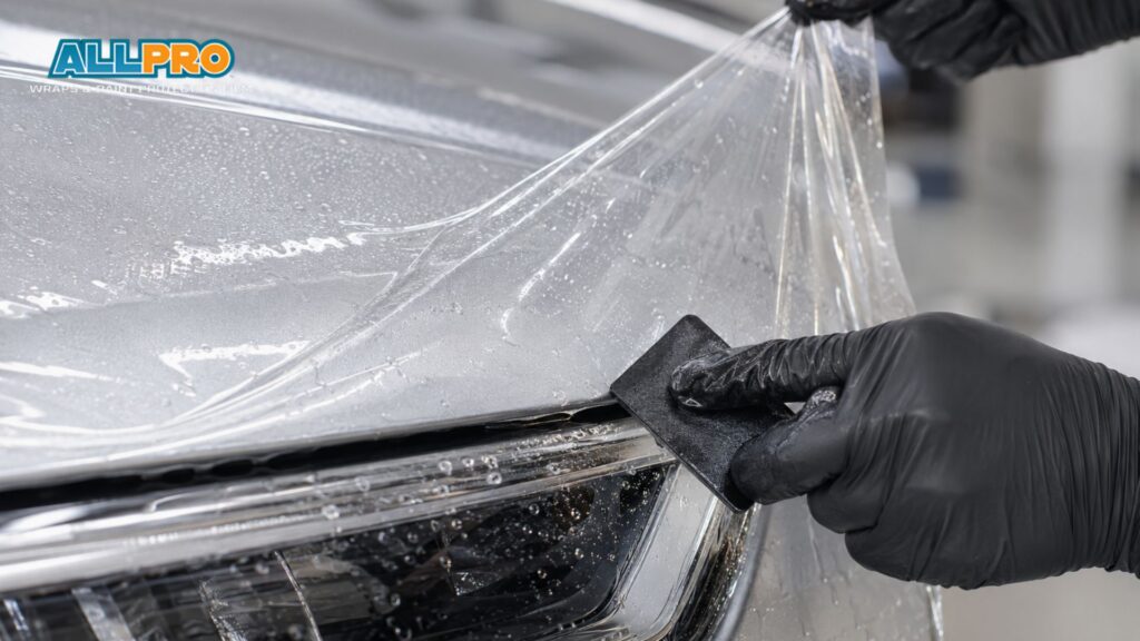 A technician uses a small squeegee to apply paint protection film to one section of a vehicle’s front bumper. The close up shows the clear film being smoothed over the painted surface for precise coverage.
