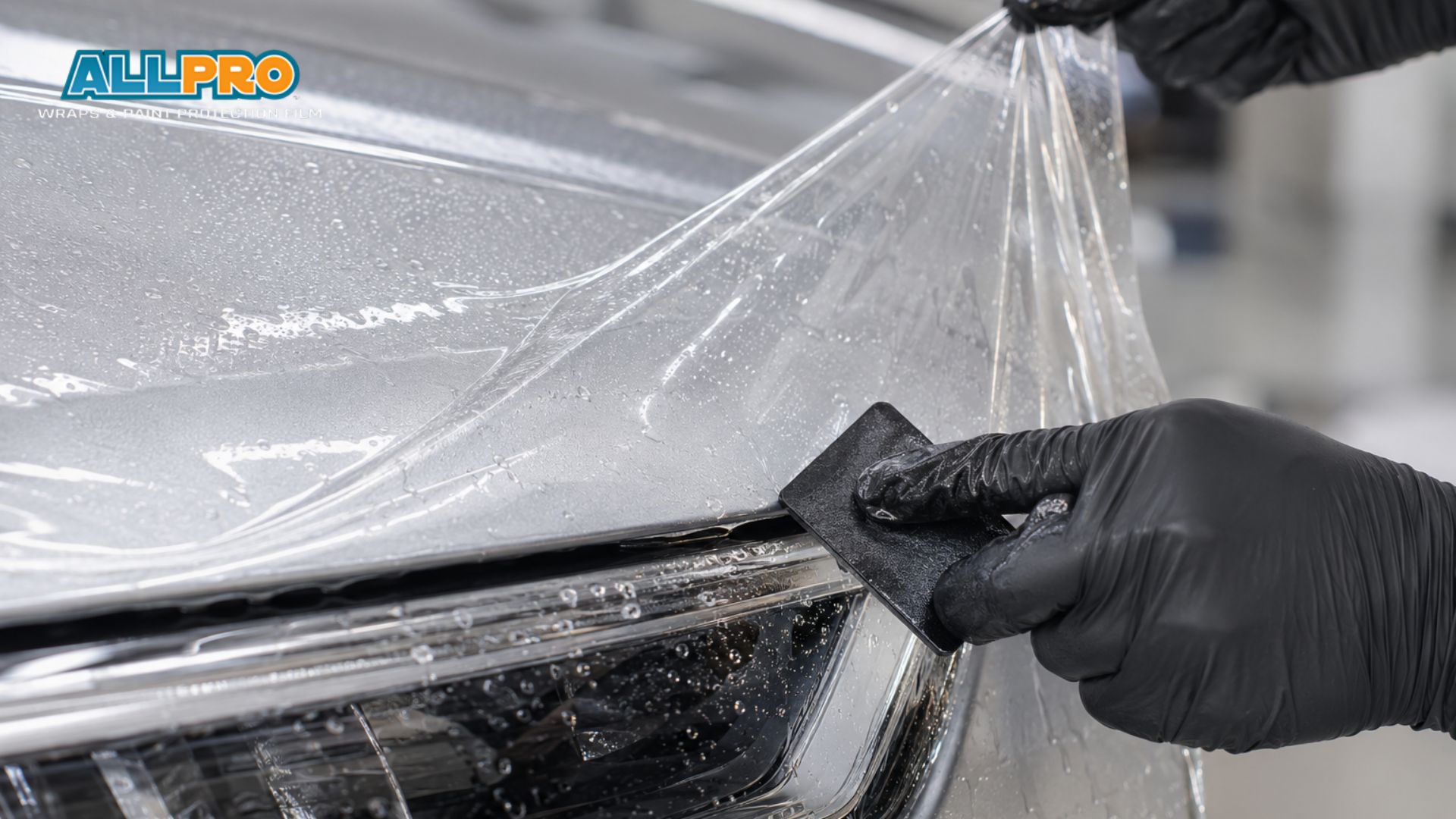 A technician uses a small squeegee to apply paint protection film to one section of a vehicle’s front bumper. The close up shows the clear film being smoothed over the painted surface for precise coverage.