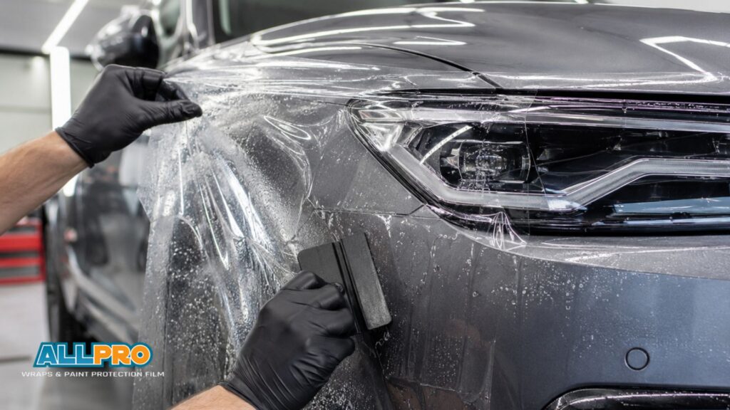 A technician applies paint protection film around the headlight and front fender of a gray vehicle.