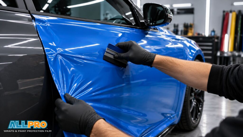 Installer uses a squeegee while stretching bright blue vinyl wrap across a vehicle door.