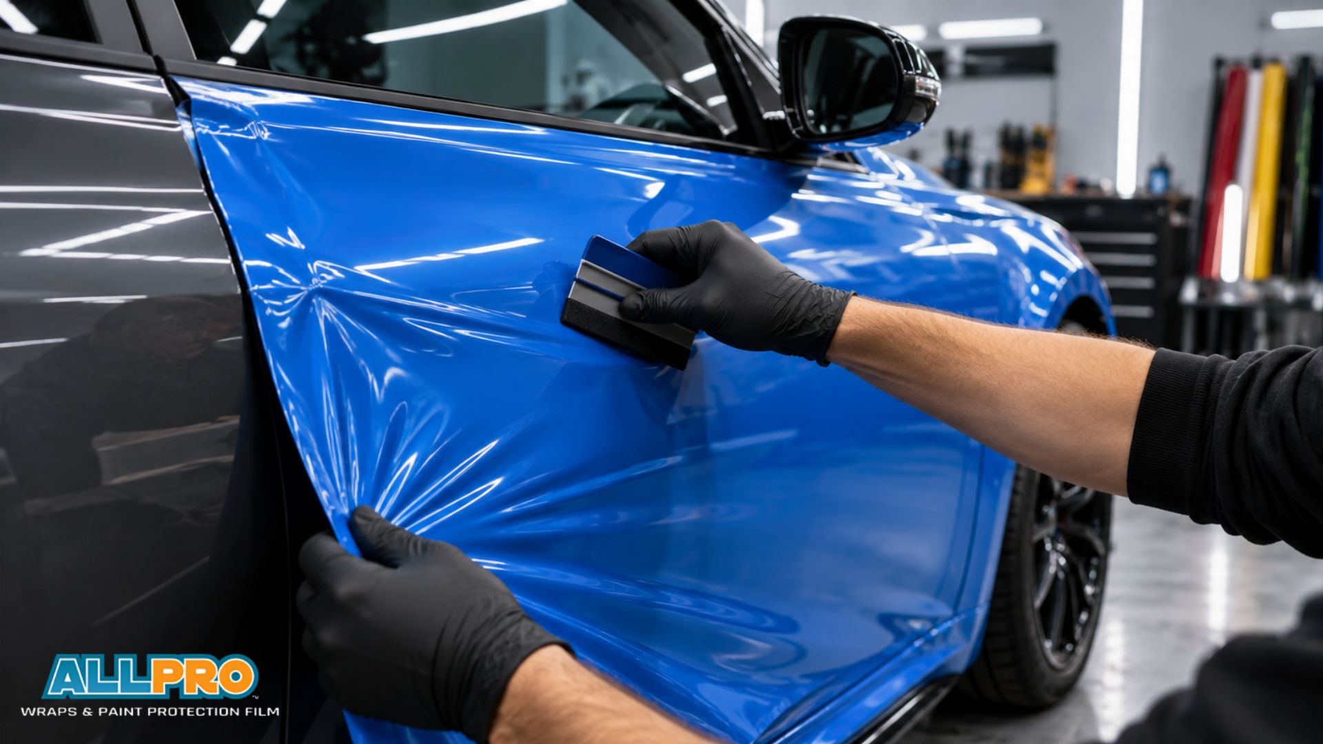 Installer uses a squeegee while stretching bright blue vinyl wrap across a vehicle door.